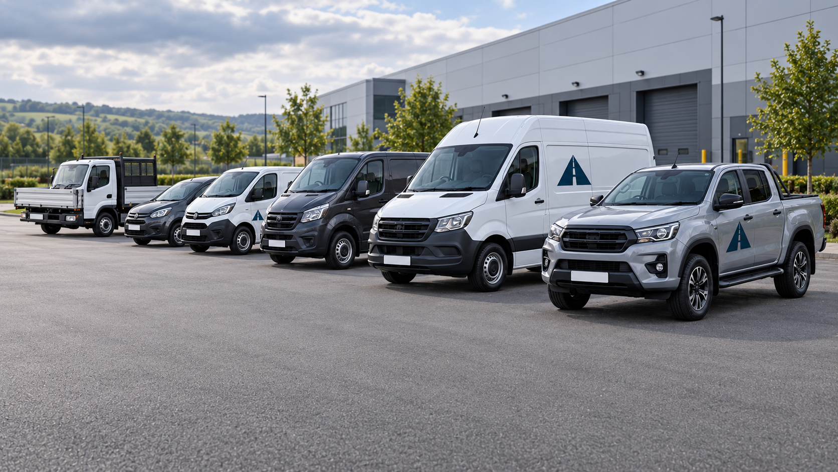 A mixed commercial fleet at a modern UK business site